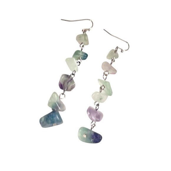 Natural Fluorite Gemstone Dangle Earrings With Silver Hook Boho Artisan Beachy - Picture 3 of 6